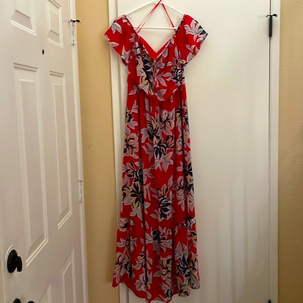 Red with large flowers dress. Medium size